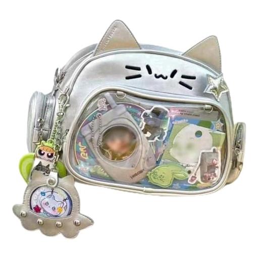 Vobomo zaino per la scuola a forma di gatto, in ecopelle, con finestra di visualizzazione trasparente, con tracolla monospalla, per ragazze, argento