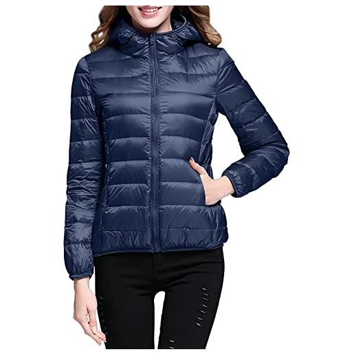 OBiQuzz piumino da donna, leggero, a maniche lunghe, con cappuccio rimovibile, impermeabile, casual, effetto piumino, trapuntato, per le mezze stagioni, per le mezze stagioni, blu marino, l