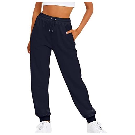 Generic 2024 pantaloni della tuta in pile da donna in tinta unita con coulisse elastica in vita casual pantaloni da lavoro alti, marina militare, l