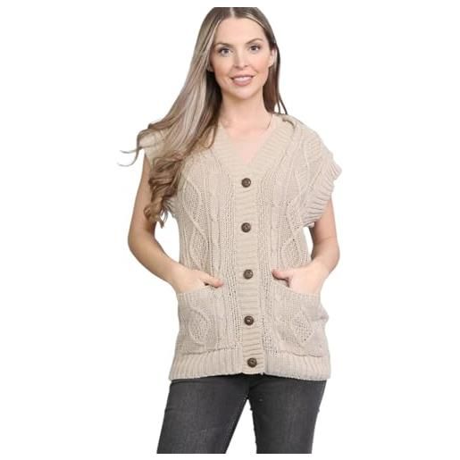 Alam Exclusive top da donna a righe lavorato a maglia cardigan 2-1 twin set maglione a righe manica lunga inverno casual elegante, pietra, 40-46