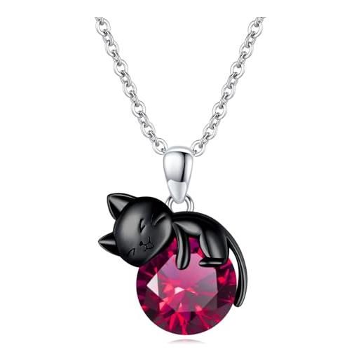 Collana In Argento 925 Con Ciondolo Gatto E Luna Per Ragazze E Donne, Catena Regolabile 40+5 Cm, Idea Regalo In Sacchetto Di Velluto