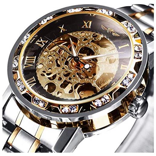 RORIOS Orologio da uomo impermeabile meccanico orologi cinturino in pelle scheletro carica automatica orologio classico orologio da uomo, Oro rosa nero, Cinghia