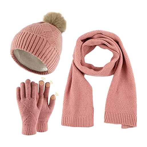 WingFly donna cappello con pompom sciarpa e guanti touch screen unisex invernali berretto in maglia con sciarpa beanie 3 pezzi regalo natale per uomo donna