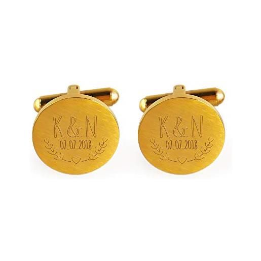 Gravado gemelli circolari in acciaio inox oro con incisione per nozze, personalizzati con iniziali e data, motivo cuore alloro, scatola regalo