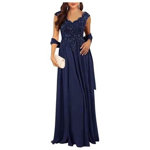 YIANN, abito lungo da madre dello sposo per matrimonio con scialle, in pizzo e applique, linea a, in chiffon, abito da sera formale uk14 blu navy
