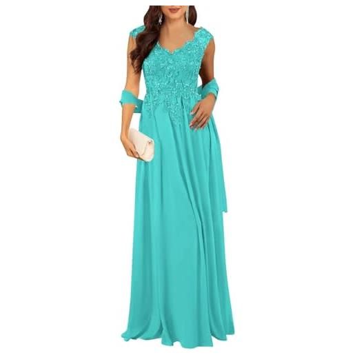 YIANN - abito da donna con scollo a v per la madre della sposa, con applicazione in pizzo e chiffon, abito formale da matrimonio, turchese, 38
