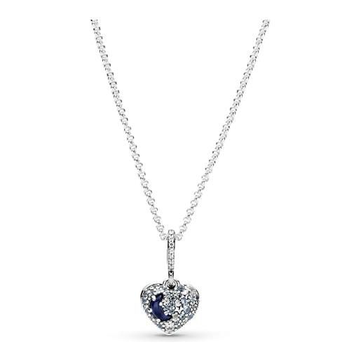 PANDORA timeless collana con cuore in argento sterling con cristallo blu lucernario, blu ghiaccio e zirconi cubici trasparenti, collana luna e stelle