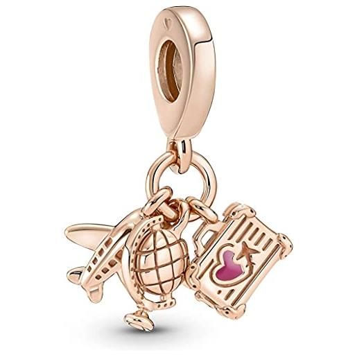 PANDORA pendente moments con aeroplano, globo e valigia placcato in oro rosa 14 carati con smalto rosa
