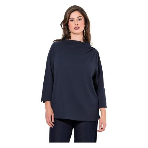 Ulla Popken felpa con tessuto operato, collo alto, pieghe e maniche a 3/4 blu notte scuro 54+ 833368130-54+