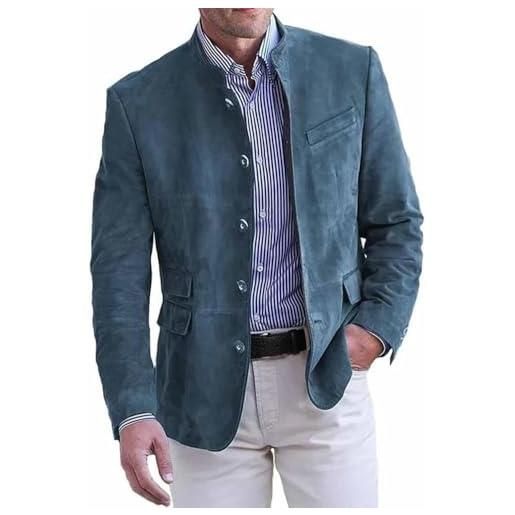 Goolecrimp blazer da uomo con colletto alla coreana retrò alla moda autunnale e invernale blazer casual da lavoro in finta pelle scamosciata giacca monopetto leggera classica (blu, l)