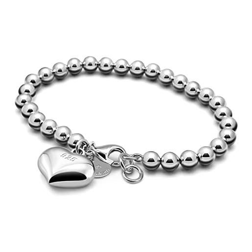 Dankadi bracciale di perle per donna in argento 925 larghezza 4mm 6mm senza e con ciondolo a cuore, lunghezza 13-21cm doré oro rosa regalo festa della mamma uomo, 19cm, argento