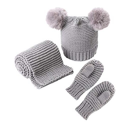 Gojiny guanti per sciarpa per bambini set di guanti per bambini invernali lavorati a maglia pompon cappello scaldacollo guanti per ragazzi 0-3y ragazze, grigio, m