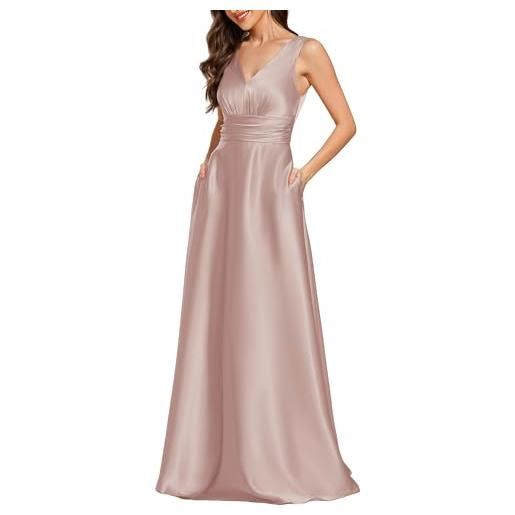 Ever-Pretty abito cerimonia donna eleganti lungo raso senza maniche abito damigella d'onore vestito elegante scollo a v menta verde 48