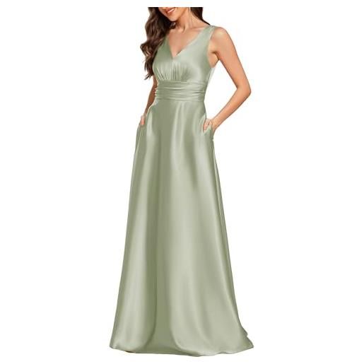 Ever-Pretty abito cerimonia donna eleganti lungo raso senza maniche abito damigella d'onore vestito elegante scollo a v bianco 44