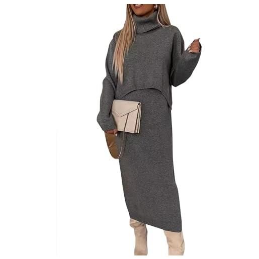 shownicer abito a collo alto donna set 2 pezzi vestiti invernali maglione e midi gonna in maglia elegante vestito in maglia gonna aderente due pezzi abiti set a grigio xl