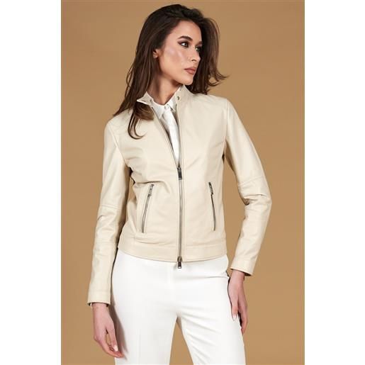 D'Arienzo giacca biker in pelle color crema effetto liscio due tasche D'Arienzo