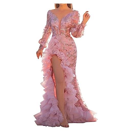 Generico vestito diciottesimo ragazza lungo abito da rosa spaccato di paillettes sexy del della maglia delle donne vestiti pizzo (pink, xl)