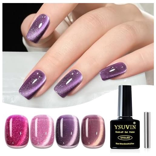 YSUVIN smalto semipermanente unghie magnetico, 4 colori rosa gelatina occhio nudo di gatto cristallo di gatto con magnete soak off uv/led smalto adatto per principianti salone fai da te, 8 ml