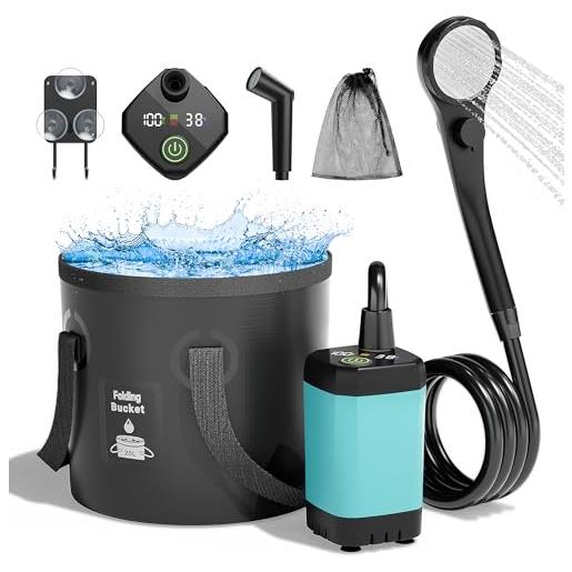 Mytrix kit complet de douche de camping portable amélioré, pompe rechargeable de 6000 m. Ah, tête de pulvérisation multi-mode, seau d'eau 5 litres per escursioni in viaggio all'aperto, blu