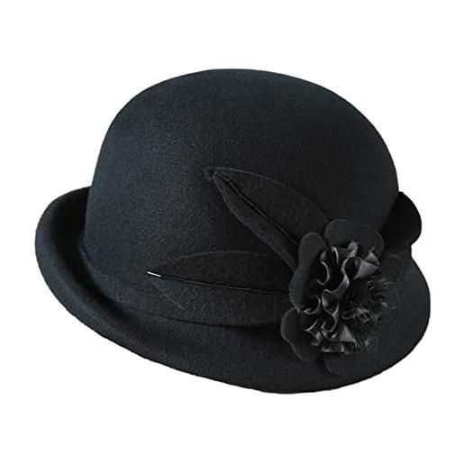 GIBZ cappello a bombetta da donna cappellino a cilindro arricciato retrò caldo da donna invernale con fiore nero