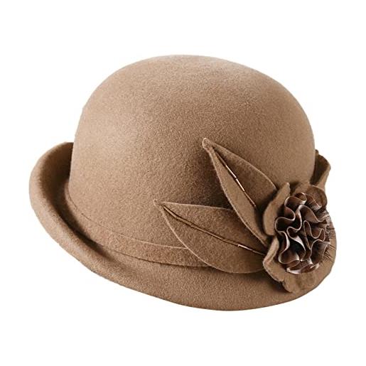 GIBZ cappello a bombetta da donna cappellino a cilindro arricciato retrò caldo da donna invernale con fiore marrone