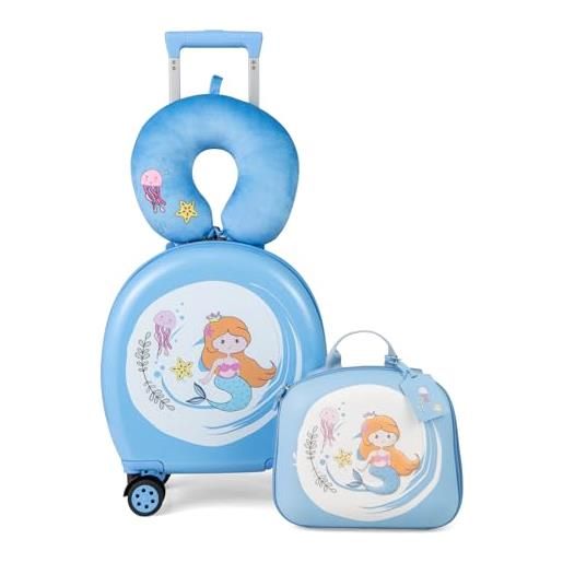 RELAX4LIFE set da viaggio per bambini 4 pezzi, con trolley 35l e zaino 4,7l, cuscino per collo e etichetta nome, valigia da viaggio con rotelle (blu)