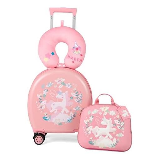 RELAX4LIFE set da viaggio per bambini 4 pezzi, con trolley 35l e zaino 4,7l, cuscino per collo e etichetta nome, valigia da viaggio con rotelle (rosa)