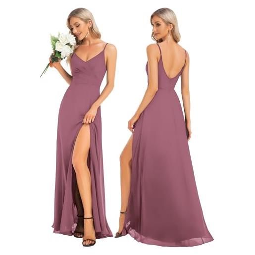 Ever-Pretty abiti da cerimonia maxi con scollo a v e cinturino a spaghetti senza maniche abito da damigella d'onore con spacco dusty rose 36