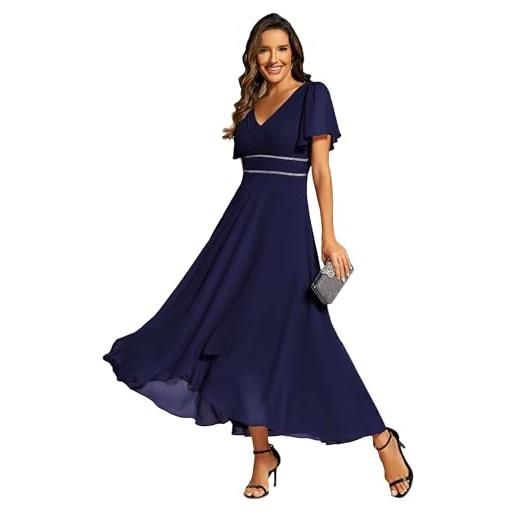 Ever-Pretty vestito donna elegante lunghe e scollo a v manica corta vestito da cerimonia abito estivo chiffon blu navy 46