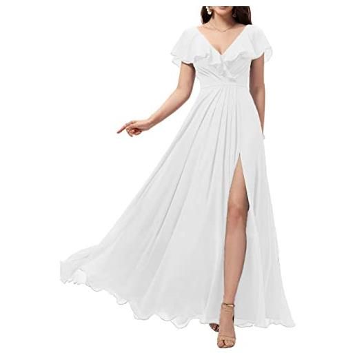 WSEYU scollo a v abiti da damigella d'onore lunghi con fessura in chiffon una linea di volant abiti da ballo con tasche c087, lilla, 46
