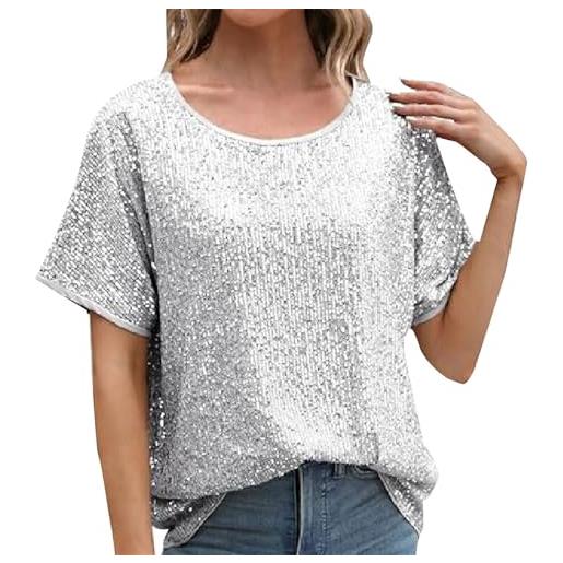 Generico t shirt donna con paillettes capodanno elegante girocollo camicia brillantini taglie forti con lustrini maglia cocktail per feste e serate cerimonia t shirt curvy manica corta glitter blusa 2025