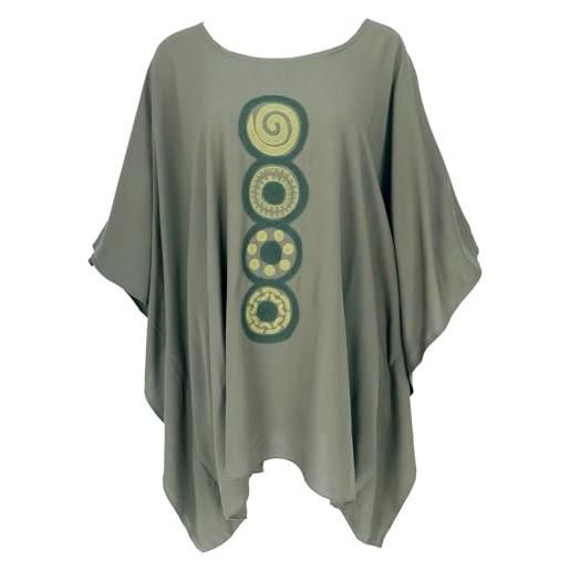 GURU SHOP abito con poncho hippie ricamato, mini abito a tunica, caftano, da spiaggia, maxi dimensioni, da donna, grigio, sintetico, taglia: unica, cachi, taglia unica