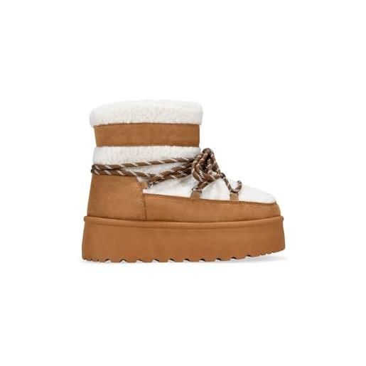 BOSANOVA stivali da neve da donna con pelliccia di pelle beige e suola con piattaforma dentata da 4,5 cm. Chiusura con lacci. Non sono impermeabili. Scarpe da donna, cuoio, 36 eu