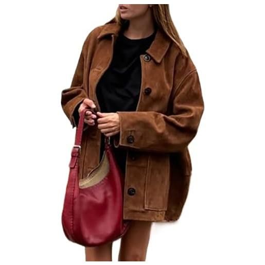 TOSHIKII blazer in pelle scamosciata alla moda da donna, con revers, capispalla oversize in pelle scamosciata, giacche da abito retrò in pelle scamosciata con tasche