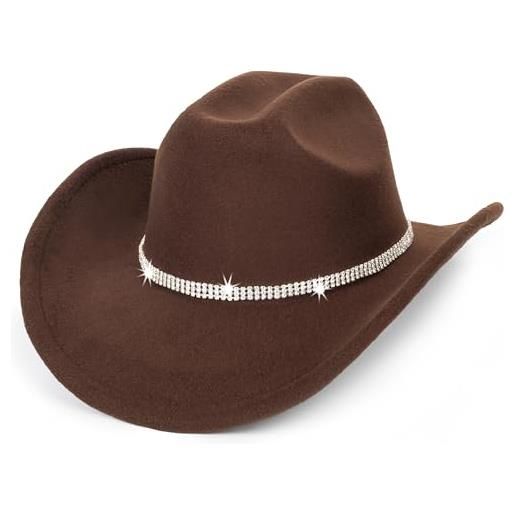 Eohak cappello da cowboy unisex in feltro occidentale, classico, arrotolabile, marrone, a tesa larga, con fascia in strass lucidi, caffè, m