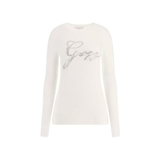 Guess maglioncino girocollo a maniche lunghe con stampa del logo frontale ricamata con brillantini e strass. Bianco