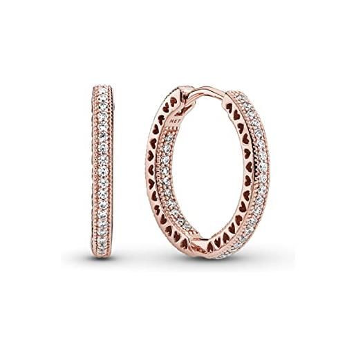PANDORA orecchini a cerchio firmati con cuori brillanti placcati in oro rosa 14 k con zirconia cubica trasparente, 20mm
