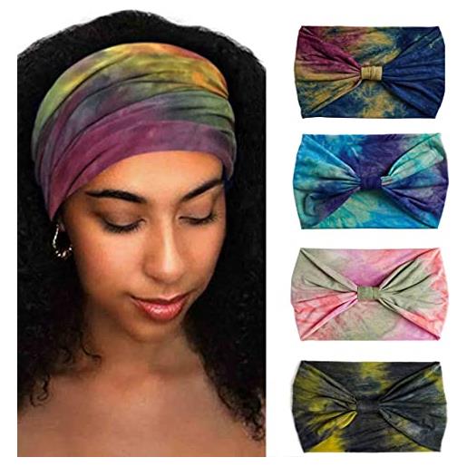 Aceorna - fascia larga elastica per capelli con turbante annodato elastico per yoga, allenamento, corsa, sport, testa, sciarpa, grande africano, per donne 4 pezzi (set a)