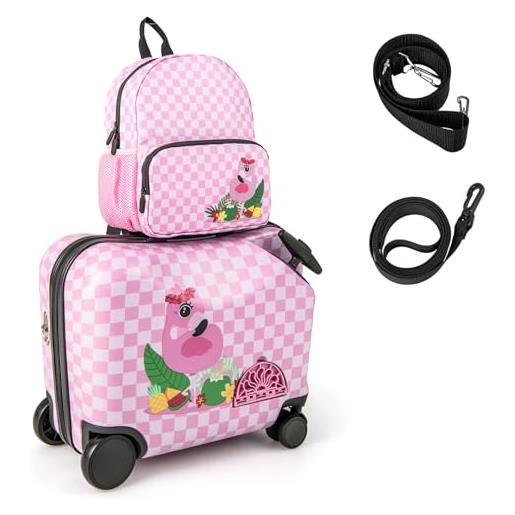 RELAX4LIFE set valigia cavalcabile/trolley per bambini 18'' con zaino 12'', 4 ruote girevoli, maniglia retrattile 56cm, 2 cingie multiuso, zaino: 26x30cm/trolley: 47x26,5x36,5cm (rosa 2)