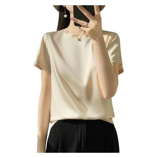 Generic maglietta da donna in raso, a maniche corte, ampia e alla moda, scollo rotondo, tinta unita, top casual. , champagne, xl