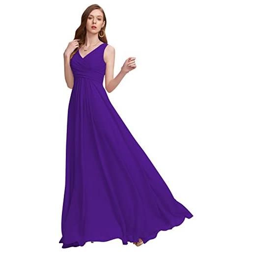 YIANN - abiti lunghi da damigella d'onore con scollo a v, in chiffon, a linea, plissettati, per ballo di fine anno, con tasche yia125, viola, 38