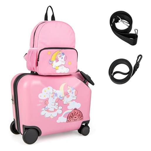RELAX4LIFE set valigia cavalcabile/trolley per bambini 18'' con zaino 12'', 4 ruote girevoli, maniglia retrattile 56cm, 2 cingie multiuso, zaino: 26x30cm/trolley: 47x26,5x36,5cm (rosa 3)