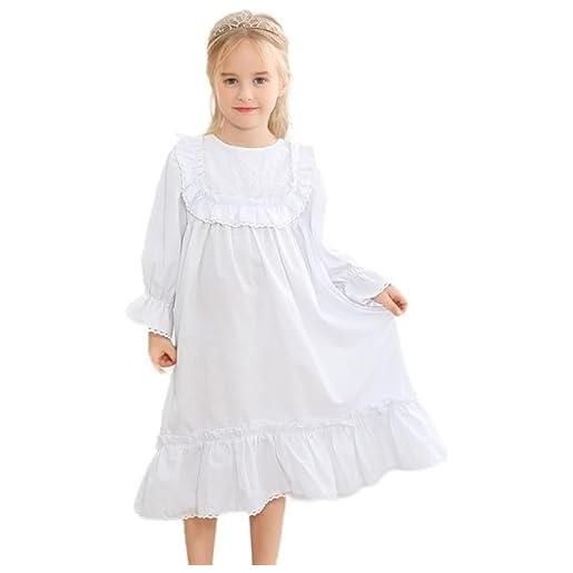 Alunsito camicie da notte per bambine morbide da principessa a maniche lunghe girocollo a maniche lunghe camicia da notte vintage in pizzo con volant 130 bianca 7-8 anni