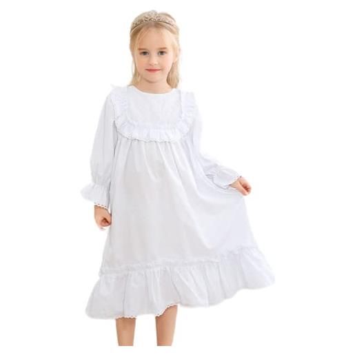 Alunsito camicia da notte per bambine pigiama semplice maniche lunghe volant principessa camicia da notte bambini ragazze camicia 130 bianco 7-8 anni