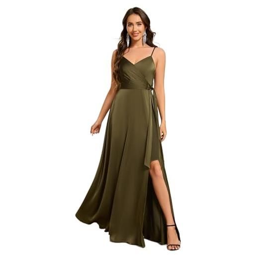 Ever-Pretty abito cerimonia donna raso lungo con cinturino a spaghetti abito damigella scollo a v con spacco laterale vestito da sera verde oliva 38