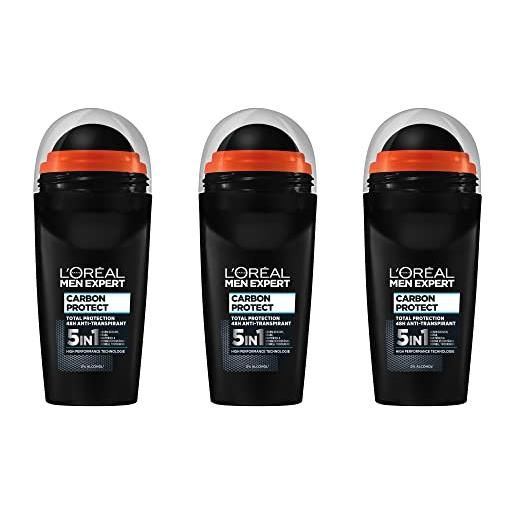 L'Oréal Paris men expert l'oréal men expert deodorante da uomo 5 in 1 contro la formazione di odori, umidità, batteri e residui bianchi per fino a 48 ore di freschezza, carbon protect, 3 x 50 ml