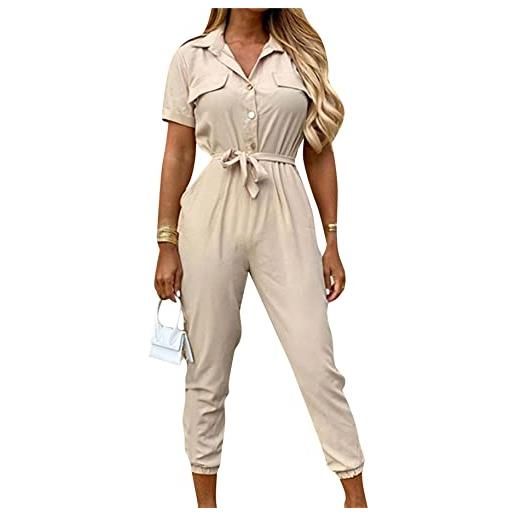 YMING donna salopette casual cargo vintage plain v neck belted boiler suit button down summer short sleeve romper albicocca xs