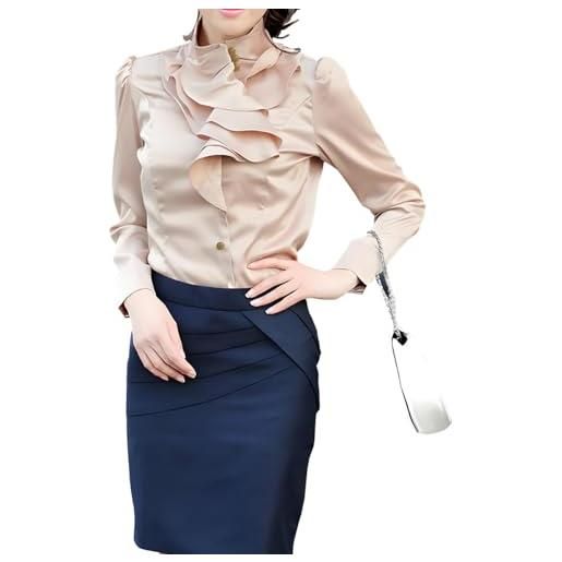 TangDao camicia donna slim fit manica lunga camicetta eleganti colletto rialzato seta maglia blusa (nero. L)