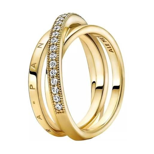 PANDORA signature anello con pavé incrociato a tripla banda placcato in oro 14k con zirconi cubici trasparenti, 58