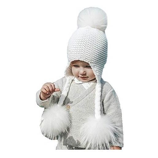 Brillabenny cappello baby pelliccia vera bianco tre pon pon 1-5 anni cappellino cuffia hat fur kids three poms white luxury